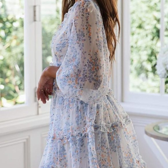 Amazon Eytino Women Bohemian Floral Printed Deep V Neck Long Sleeve Mini Dress M - Picture 4 of 11